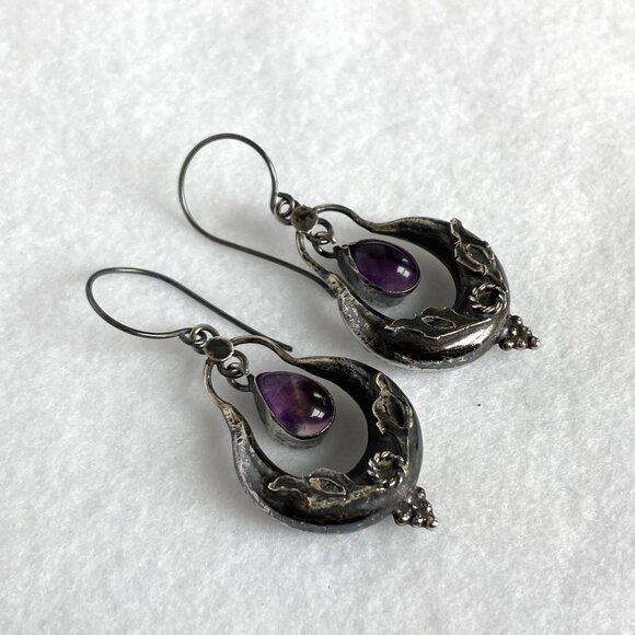 VTG Oxidized Sterling Silver 925 1.86" Amethyst Cabochon Dangle Drop Earrings - Picture 6 of 16